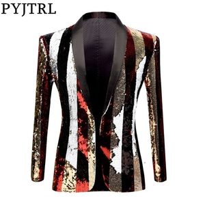 PYJTRL Full Sequins Series Men Doublesided Stripe Red Gold White Black Sequins Blazer Design DJ Singer Suit Jacket Outfit 201104