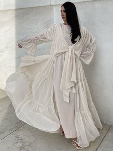 Ramadan Wrap Front Open Abaya Women Chiffon Pleated Ruffle Muslim Kimono Hijab Long Dress Islam Dubai Arab Modest Outfit Kaftan