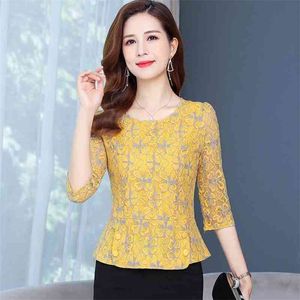 Women Spring Autumn Style Lace Blues Shirts Lady Casual Half Sleeve Oneck Lace Blusa Topps ZZ0600 210401