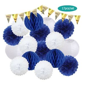 Outros suprimentos para festas de evento Marinha azul branco Conjunto dobrável lanterna de bola redonda para casamento Favor de aniversário Decoração de aniversário Diy Papold Paper Flores Honeycomb 230206