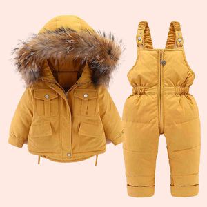 Kış bebek çocuk ceketleri beyaz ördek aşağı erkekler kalın ceket tulumları takım elbise büyük kürk yaka kapüşonlu kız palto çocukları Snowsuit j220718