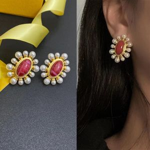 2022 New Women 24K Gold Plated Luxury Ruby Ear Studs FBrand Designers Letters Stud Famous Oval Pearl sun flower Ladies Pearl Earring Wedding Party Jewerlry