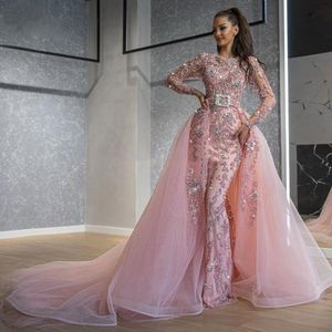 Luxuosas vestidos de baile rosa cristais com overshrits mangas compridas vestido de noite personalizado madelace apliques vestido de festa frisado