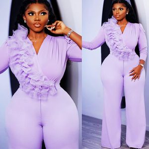 Lilac Lavender Theath Jumpsuits Prom Dresses Deep V-neck Long Sleeve Plus Size Arabic Aso Ebi Engegement Evening Dress Pant Suit