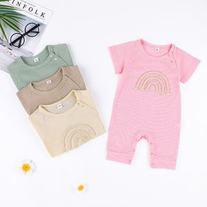 2022 Summer Short Sleeve Baby Rompers Lovely Rainbow Style Pure Color Bodysuit For Girl Boy Pink BEIGE Khaki Green Colors M M