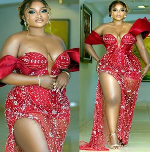 2022 Plus Size Arabic Aso Ebi Red Sheath Luxurious Prom Dresses Sequined Lace Evening Formal Party Second Reception Birthday Engagement Gowns Dress ZA66