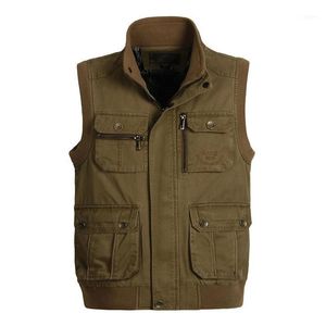 Men's Vests Spring Autumn Men Big Size XL-6XL Cotton Vest Multi Pockets Army Green Khaki Waistcoat Male Pography Sleeveless Collar Jacket