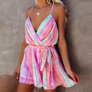 Fritidsklänningar Dam Slip Ärmlös Mode Sommar Sexig Boho Suspender Vik Gradient Rygglös Klänning Strandsolklänningar Casual