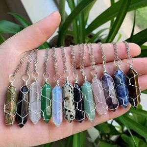 Reiki-Heilschmuck, mehrfarbiger Naturstein-Anhänger, Drahtwickel, sechseckige Kugel, Amethyste, Quarzkristall, Pendel, Chakra-Halskette