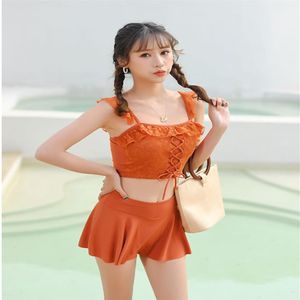 Wholesale two piece skirt bathing suit for sale - Group buy Small Pure Fresh Band Two piece Set Of Slim Safety Pants Split Skirt Beach Resort Spring Bathing Suit Women307s