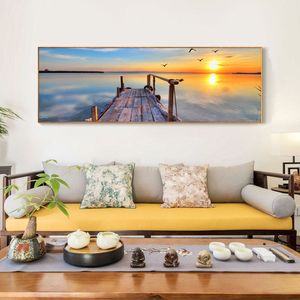 Modern Seascape Posters and Prints Wall Art Canvas Painting Wooden Bridge and Sunrise Pictures for Living Room Decor No Frame