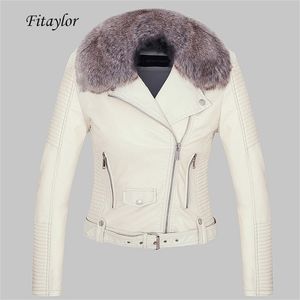 Fitaylor Women Winter Warm Faux Leather Jacket Coat With Fur Collar Female Pink Pu Motorcycle Jacket Biker Punk Black Outerwear 210908