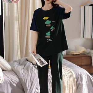 ROTEVA Summer Fashion Green Silk Pajama Sets for Women 100% Cotton PJS Cartoon Soft Sleepwear Atoff Home Casual Satin Nightwear 220421