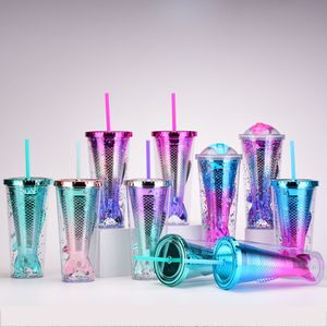 Sirena! Bicchiere da 12 once in plastica sottile a doppio strato con bicchiere d'acqua in paillette a coda di pesce UV colorato