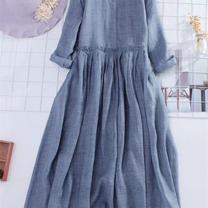 夏の日本スタイルのコットンリネン長袖Oネックドローリングドレス大きなスイングソリッドマキシシャツドレス女性226014