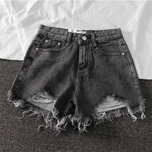 Women Wide Leg Hole Black Denim Shorts Casual Female Streetwear Loose Solid Color White Jeans 210607