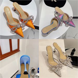 Sandali con tacco alto da donna Scarpe eleganti MACH Cristallo impreziosito Fiocco con strass tacco alto Designer trasparente pantofole da festa con tacco di alta qualità scivolo da donna