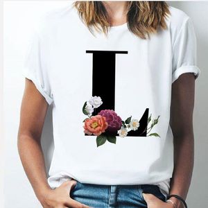 26トップスアルファベットレター女性Tシャツの女の子AからZの組み合わせ花半袖カジュアル韓国スタイルトップ