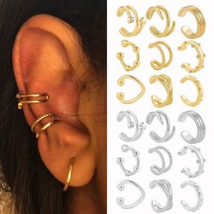 Clip-on & Screw Back Golden Ear Cuff Fake Cartilage Wrap Earrings Non-Piercing Bones Spiral Clip Set For Women Men Jewelry Gifts