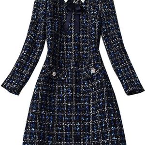Модный дизайнер темно-синий голубой плед бабочка галстук Tweed платье осень зима женщин с длинным рукавом бриллианты кнопка старинные шерстяные короткое платье 220316