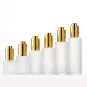 White Frost Round Thick Glass Pipette Bottle Gold Press Dropper Lid Cosmetic Refillable Container Empty Essential Oil Vials 20ml 30ml 40ml 50ml 60ml 80ml 100ml