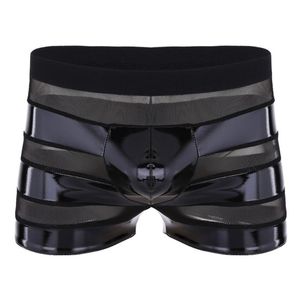 Unterhosen IEFiEL Male Herren Dessous Wetlook Kunstleder Mesh Patchwork Streifen Low Rise Boxershorts Unterwäsche Sexy HöschenUnterhosen