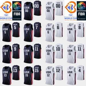 Screen Printed US Basketball 2023 FIBA World Cup 11 DaQuan Jeffries Jersey 6 Bell 14 Eric Mika 10 William Davis 8 George King 7 Cody Demps 12 Michael Frazier II Navy Blue