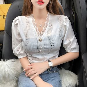 A nova senhora do escritório francês camisa retrô feminina coreana costura de verão renda vneck manga manga feminina blusa tops t200608