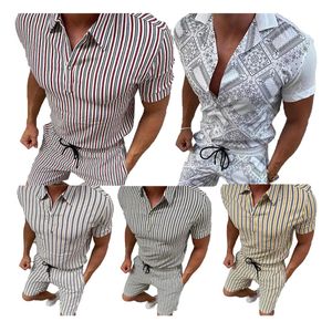 Summer Trendy Print Polos Shirt Tracksuits For Mens Short Sleeve Lapel Button Tshirts and DrawString Shorts Casual 2 Piece Set DS-1