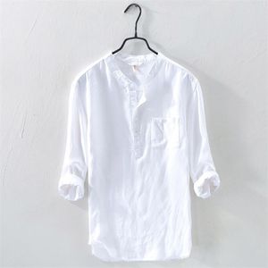 Solid Color Men Shirt Slave Stand Stand Men Shirt Casual Slim Fit Top Summer Cotton Blouse Loose Male lj200925