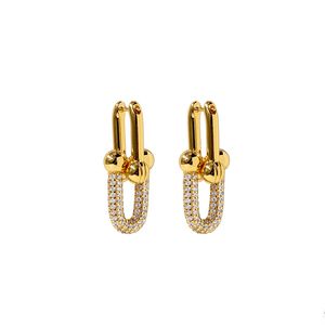 TEE4 Korean star on the top floor with shining zircon micro diamond inlaid double bamboo U-shaped Stud Earrings