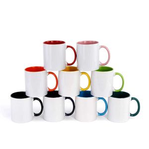11oz Hot selling billet sublimation ceramic mug color handle inner color DIY transfer heat press printing water mugs by sea Inventory DAP467