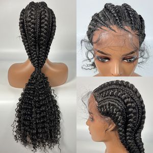 32 Inch Synthetic Hair Braided Ponytail Lace Front Wigs Kinky Curly Frontal with Baby Hair for Afro Women Cornrow Wig