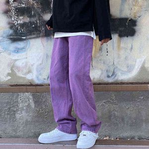 Purple Denim Jeans for Men Straight Spring Fall Oversize WideLeg Pants High Street Bright Line Vintage Men Jeans Trousers J220629