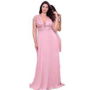 2022 Dusty Pink Lace Appliques Plus Size Mother Off Bride Dresses V Neck Illusion Cap Sleeves A Line Prom Gowns Floor Length Chiffon Formal Dress Empire Waist