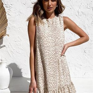 Dicloud Women's Summer Dress Leopard Print White Sundress Casual Beach Sleeveless Ruffle Light Women Clothing 220426