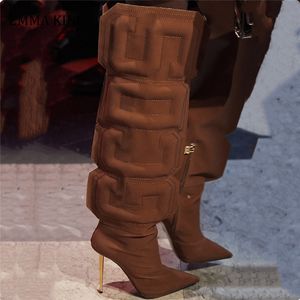 2021 Autumn Women Thigh High Boots Stretch Lycra Ladies Botas Mujer Unique Cube Letter Runway Shoes Iron Heels Botas Altas Mujer G220720