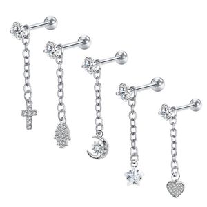 Dangle Chain Heart Butterfly Cross Palm Ear Cartilage Tragus Studs Earrings Body Piercing Jewerly For Women and Girls