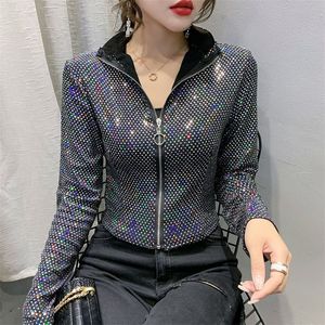 Jaqueta de outono feminina glitter lantejoulas jaqueta curta moda feminina manga longa design sentido sexy camisa de fundo 220815
