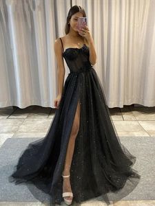 Black Glitter Tulle A Line Prom Evening Dresses Spaghetti Straps Side Slit 3D Flowers Lace Formal Party Gowns Lace-up Robe De Soiree Vestido De Fiesta