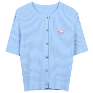 510 2022 Summer Kint Short Sleeve Crew Neck märke samma stil tröja blå rosa cardigan kvinnor kläder mingmei