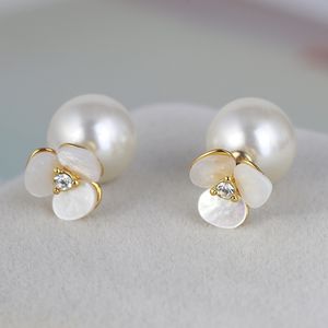 Luxury Big Pearl Sweet Flower Double Side Designer Stud Earrings Charm Stainless Steel Brand Style Crystal Rose Ear Rings Jewelry for Wedding Party