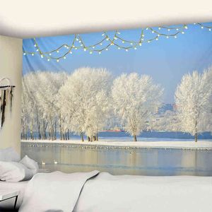 Snow Covered Woods Landscape Print Tapestry Lake Forest Hippie Wall Bohemian Rugs Mandala Decoration J220804