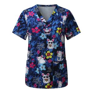 Bluzki damskie koszule kreskówka druk pielęgniarski mundur damskie bluzki z krótkim rękawa