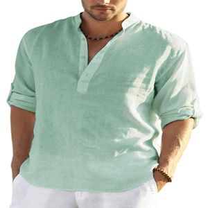 2022 Yeni Erkekler Sıradan Bluz Pamuk Keten Gömlek Gevşek Üstler Uzun Kollu Tişört Bahar Sonbahar Yakışıklı Erkek Gömlek