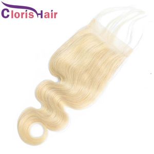 Blonde top Sluiting Body Wave Human Hair Braziliaanse Zwitsers Zwitserse kant Sluiting Pre geplukte haarlijn platina blond x4 Lace Clo318A