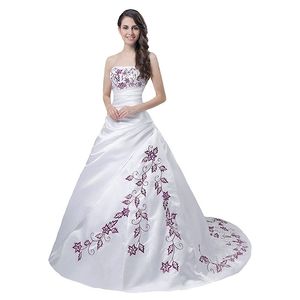 Vestido de noiva de espartilho sem alças vintage 2022 Branco e Borgonha Uma linha Bordado de bordados Vestidos de noiva Vestidos de recepção da noiva