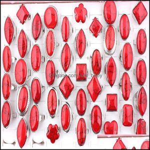 Band Rings Jewelry Wholesale 30Pcs Mix Lot Natural Red Stone Sier Placcato Anello Lega Moda per donna Uomo D Dhiwu