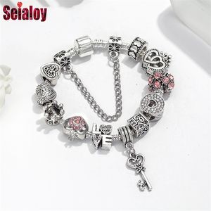 Seialoy Silver Plated Heart Key Pendant Charm Bracelets For Women Original Girls Princess Crown Beaded Bracelet Wife Jewelry 220727