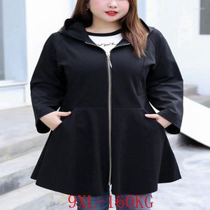 Large Size Hooded Jacket 5XL-9XL Women's Bust 148CM Embroidered Pocket Long Sleeve Stitching A Line Hem Jackets